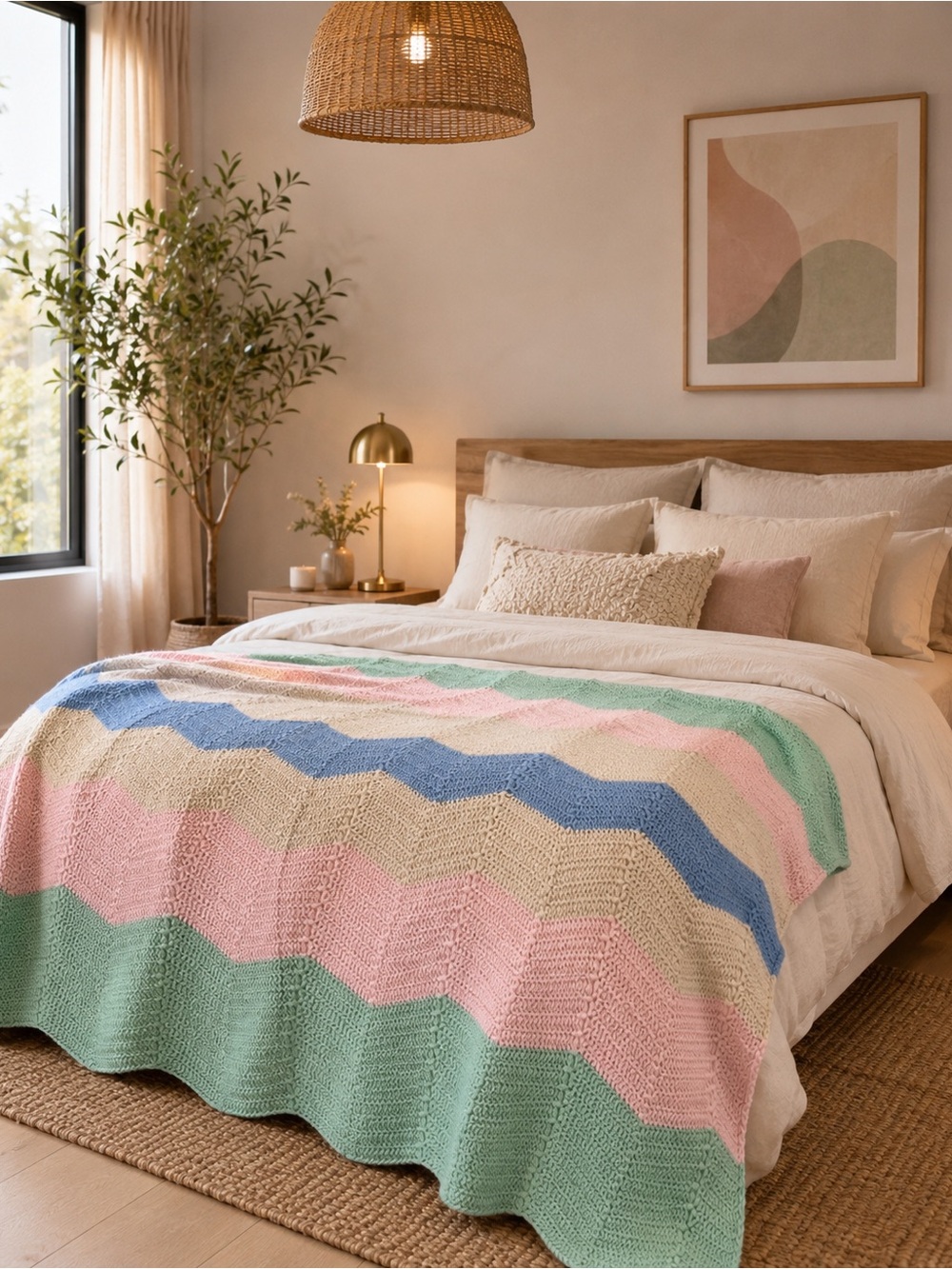 Pastel Chevron Knit Throw Blanket in Pink, Mint & Blue - Cozy Home Accent